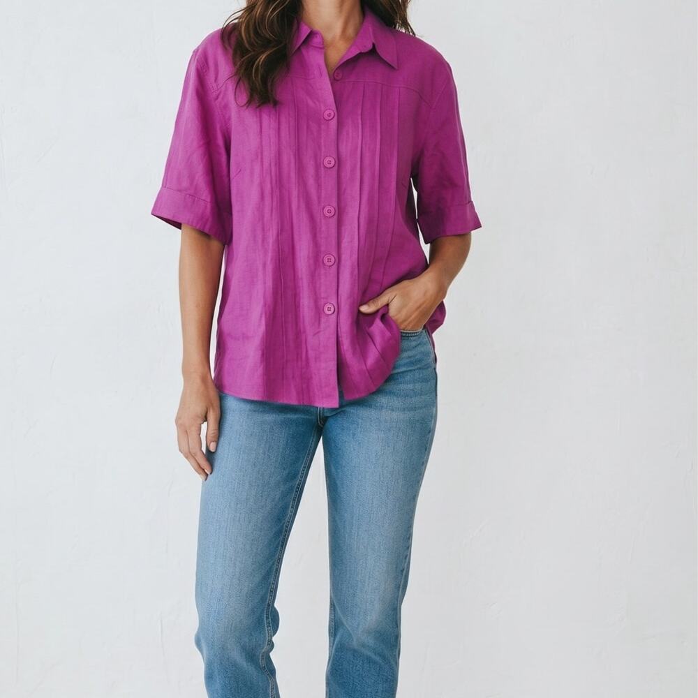 Vintage 1980s Jaclyn Smith Magenta Linen‑Blend Button‑Down Blouse – Size XL